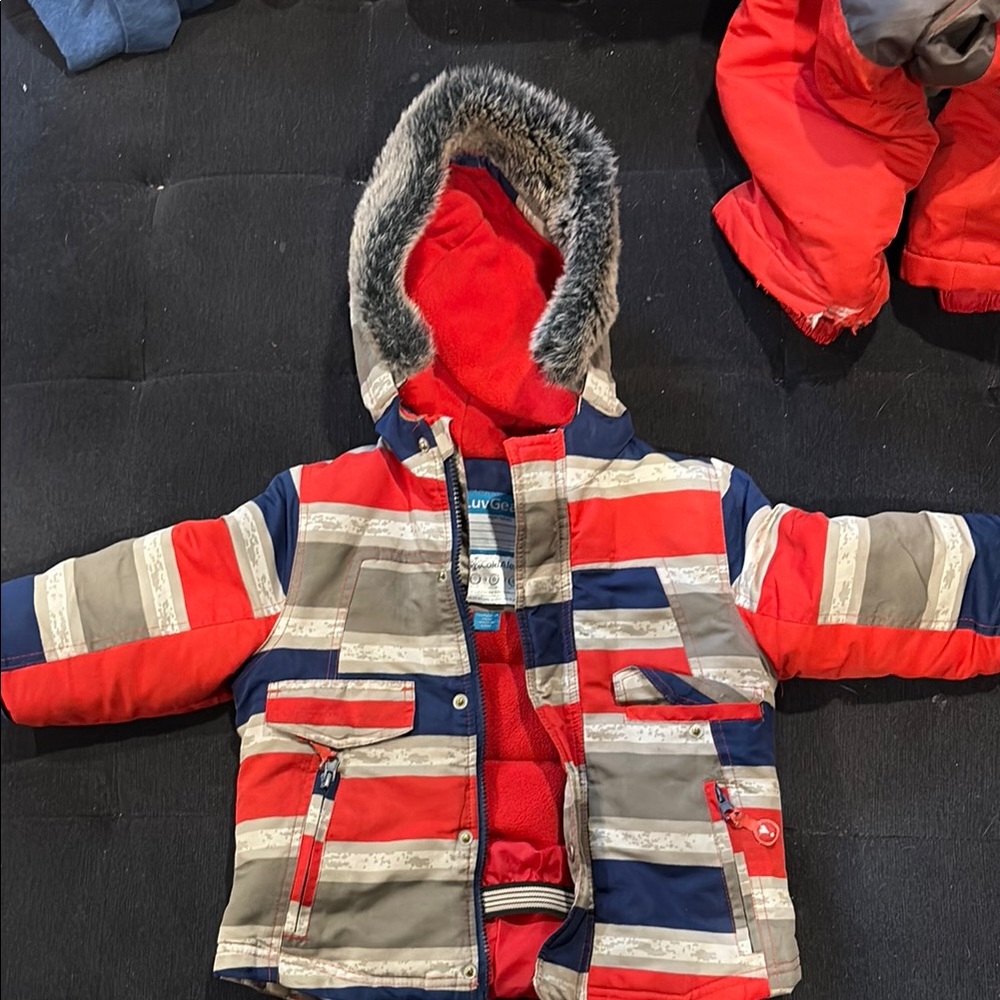Striped Red, Blue and Grey Winter Jack and Red Snow Pants.